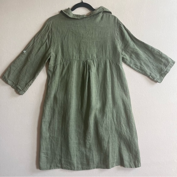 Elena Baldi NEW Green Army Oversized 100% Pure Linen Italian Dress Midi Medium - Picture 7 of 16